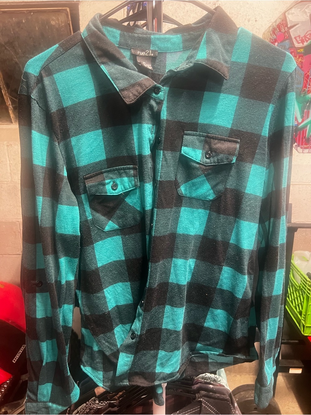 rue21 Teal and Black Plaid Long-Sleeve Button-Up Shirt